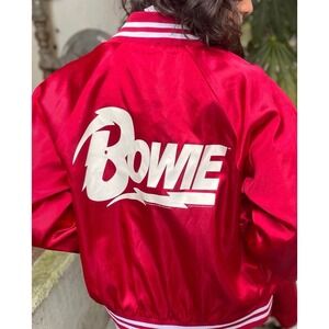 Forever 21 Womens Red Bowie Satin Bomber Jacket Size S vintage style